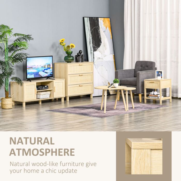 Homcom Nightstand With Rattan Drawer And Storage Shelf, Bedside End Table, Set Of 2