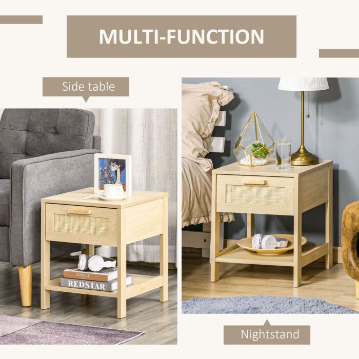 Homcom Nightstand With Rattan Drawer And Storage Shelf, Bedside End Table, Set Of 2