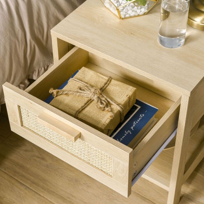 Homcom Nightstand With Rattan Drawer And Storage Shelf, Bedside End Table, Set Of 2