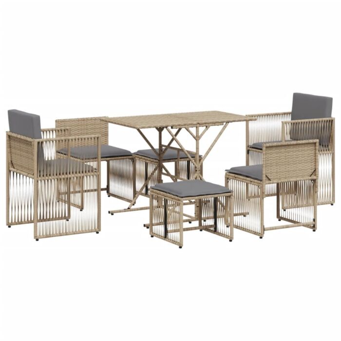 Vidaxl 7 Piece Garden Dining Set With Cushions Beige Poly Rattan
