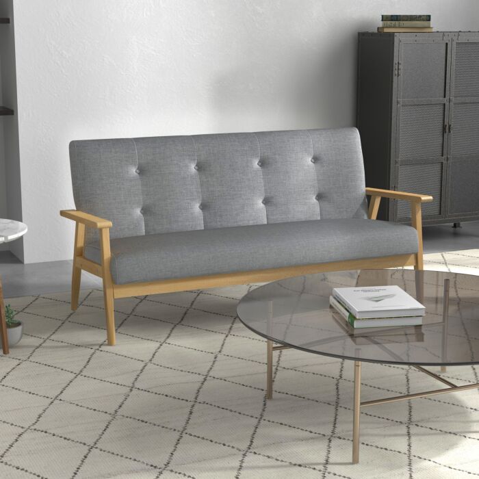 Homcom Modern 2-seat Sofa Linen Fabric Upholstery Tufted Couch With Rubberwood Legs Dark Grey
