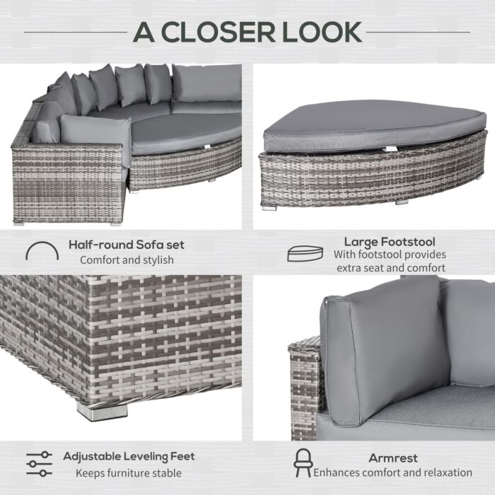 Outsunny 6-seater Outdoor Rattan Wicker Sofa Set Half Round Patio Conversation Furniture Set W/ Cushions Grey
