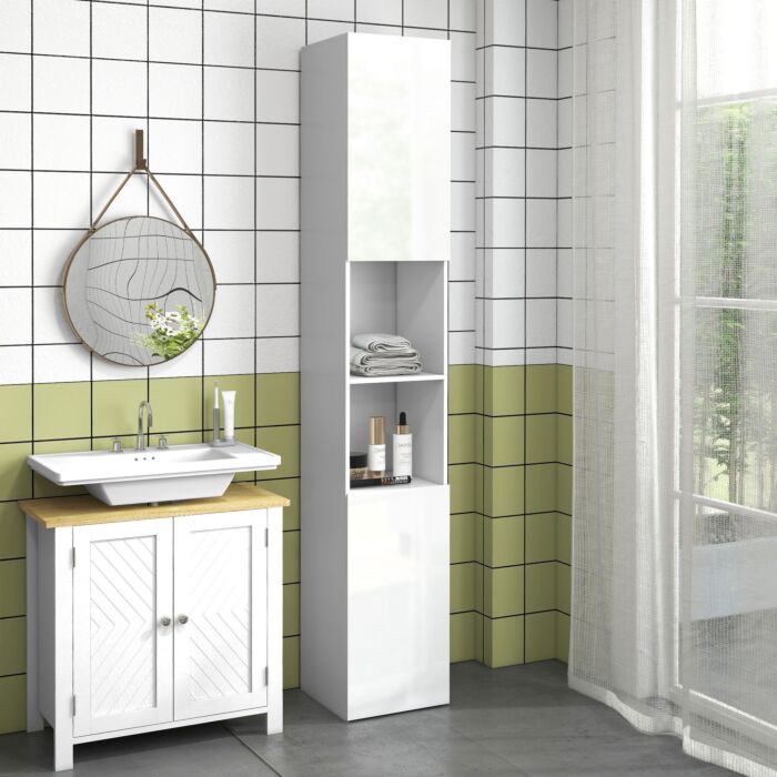 Kleankin Multi-storage Slim Bathroom Cabinet - High Gloss White
