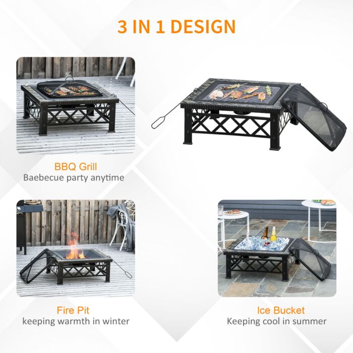 Outsunny 3 In 1 Square Fire Pit Square Table Metal Brazier, Patio With Bbq Grill Shelf, Spark Screen Cover, Grate, 76 X 76 X 47cm