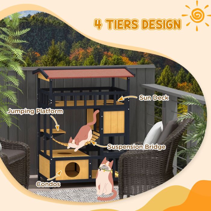 Pawhut Outdoor Cat Shelter, Four-tier Wooden Feral Cat House, With Suspension Bridge, Cat Houses, Balcony, Escape Doors