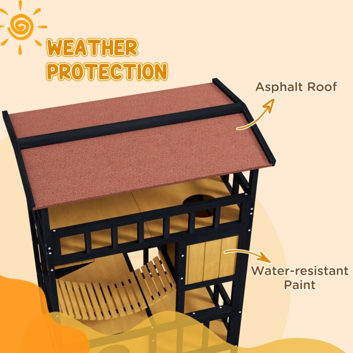 Pawhut Outdoor Cat Shelter, Four-tier Wooden Feral Cat House, With Suspension Bridge, Cat Houses, Balcony, Escape Doors