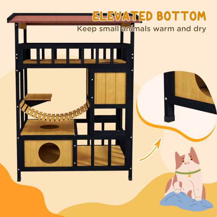 Pawhut Outdoor Cat Shelter, Four-tier Wooden Feral Cat House, With Suspension Bridge, Cat Houses, Balcony, Escape Doors