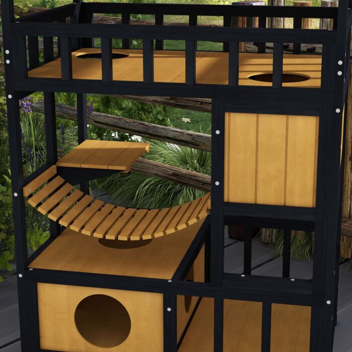 Pawhut Outdoor Cat Shelter, Four-tier Wooden Feral Cat House, With Suspension Bridge, Cat Houses, Balcony, Escape Doors