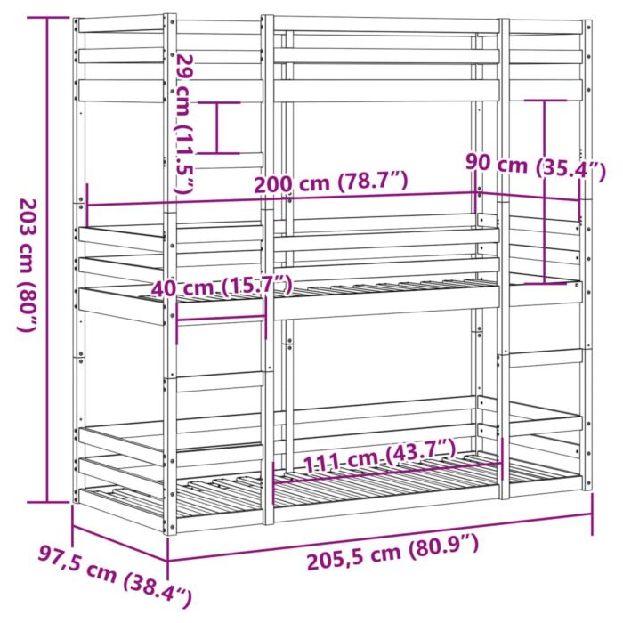 Vidaxl Tripe Bunk Bed White 90x200 Cm Solid Wood Pine