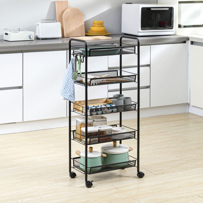 Homcom 5 Tier Utility Rolling Cart, Metal Storage Cart, Kitchen Cart With Removable Mesh Baskets, Laundry, Garage And Bathroom, Black