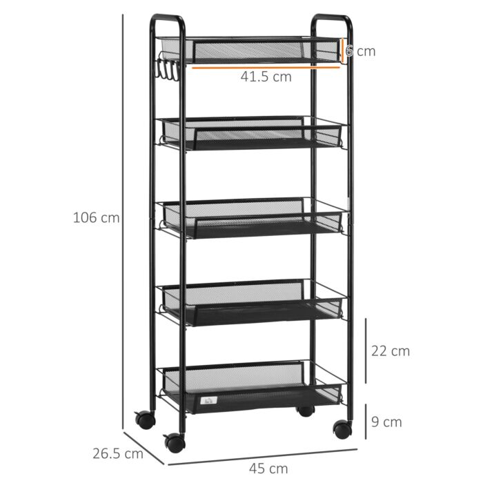 Homcom 5 Tier Utility Rolling Cart, Metal Storage Cart, Kitchen Cart With Removable Mesh Baskets, Laundry, Garage And Bathroom, Black