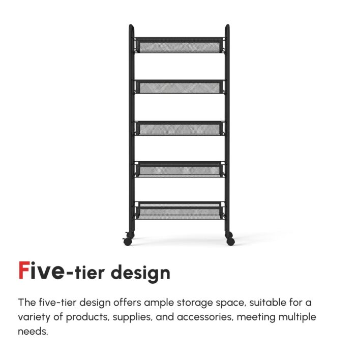 Homcom 5 Tier Utility Rolling Cart, Metal Storage Cart, Kitchen Cart With Removable Mesh Baskets, Laundry, Garage And Bathroom, Black