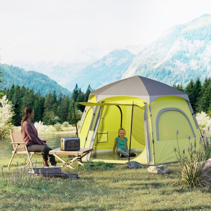 Outsunny Instant Camping Tent, 2/3/4 Person Easy Setup Family Tent With Vestibule, Rainfly, 4 Mesh Windows & 2 Doors, Hexagonal Design, Waterproof Uv Protected Dome Tent, Yellow Green