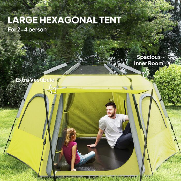 Outsunny Instant Camping Tent, 2/3/4 Person Easy Setup Family Tent With Vestibule, Rainfly, 4 Mesh Windows & 2 Doors, Hexagonal Design, Waterproof Uv Protected Dome Tent, Yellow Green