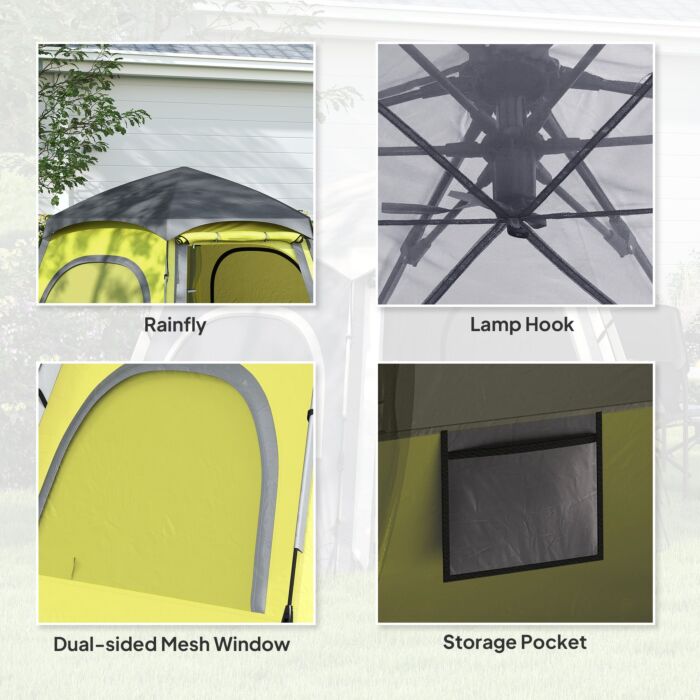 Outsunny Instant Camping Tent, 2/3/4 Person Easy Setup Family Tent With Vestibule, Rainfly, 4 Mesh Windows & 2 Doors, Hexagonal Design, Waterproof Uv Protected Dome Tent, Yellow Green