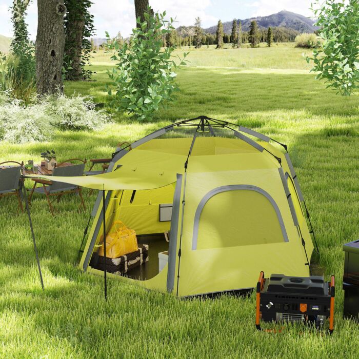 Outsunny Instant Camping Tent, 2/3/4 Person Easy Setup Family Tent With Vestibule, Rainfly, 4 Mesh Windows & 2 Doors, Hexagonal Design, Waterproof Uv Protected Dome Tent, Yellow Green