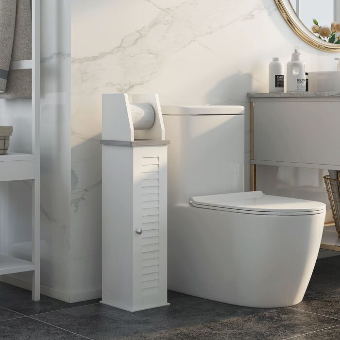 Kleankin Slim Bathroom Floor Cabinet With Cupboard, Roll Holder And Adjustable Shelf, Toilet Roll Storage Unit For Toilet Paper, Shampoo, White