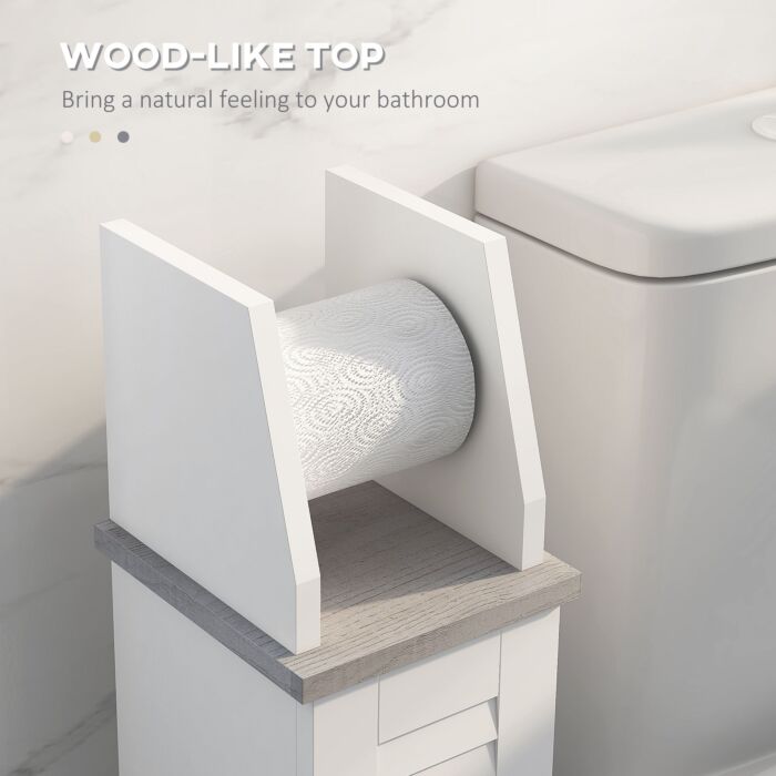 Kleankin Slim Bathroom Floor Cabinet With Cupboard, Roll Holder And Adjustable Shelf, Toilet Roll Storage Unit For Toilet Paper, Shampoo, White