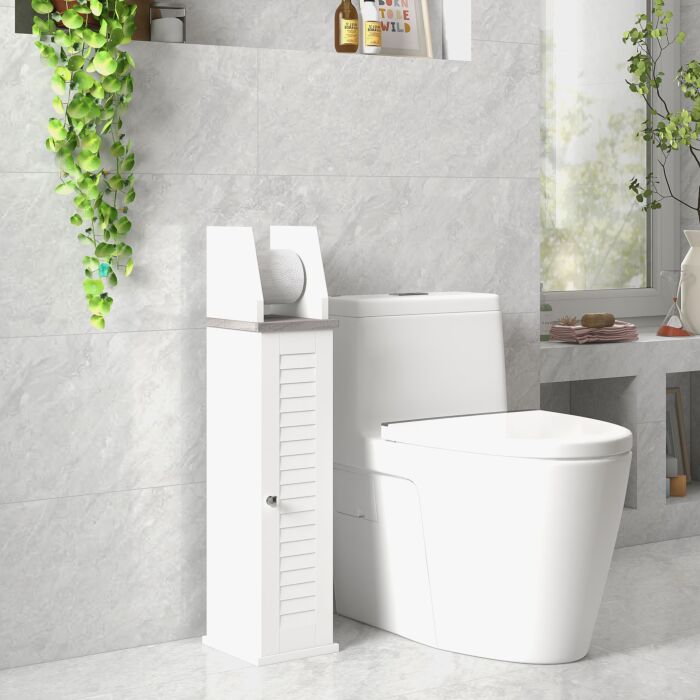 Kleankin Slim Bathroom Floor Cabinet With Cupboard, Roll Holder And Adjustable Shelf, Toilet Roll Storage Unit For Toilet Paper, Shampoo, White