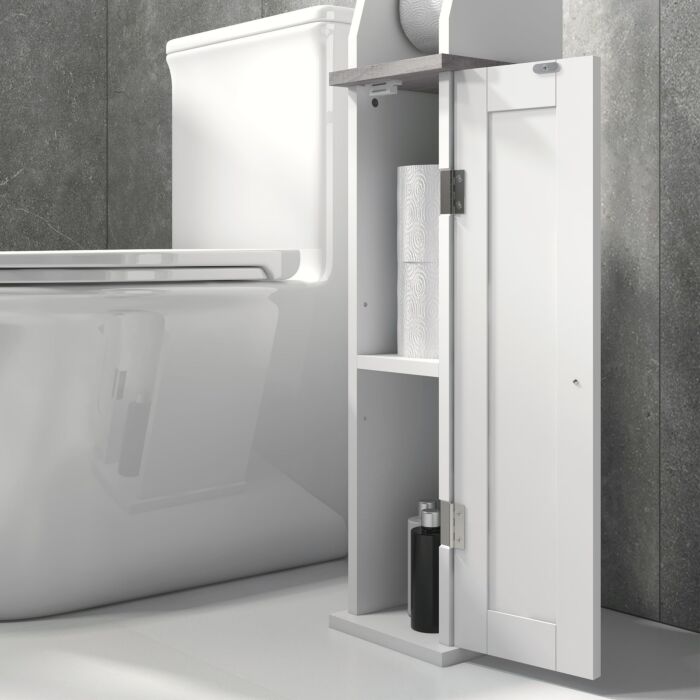Kleankin Slim Bathroom Floor Cabinet With Cupboard, Roll Holder And Adjustable Shelf, Toilet Roll Storage Unit For Toilet Paper, Shampoo, White