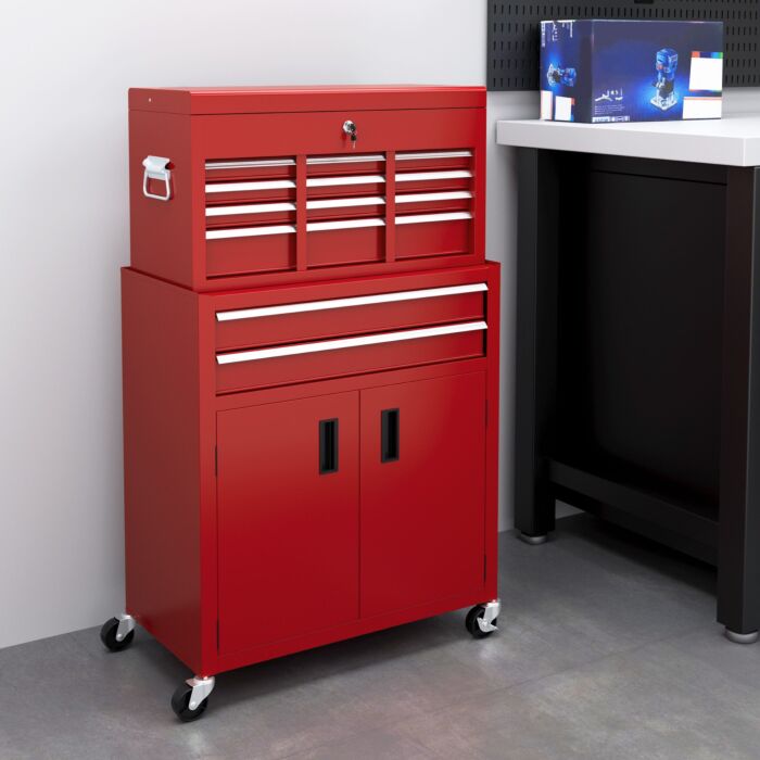 Homcom Portable Tool Box, Metal Tool Chest On Wheels With 6 Drawers For Garage And Workshop, Red