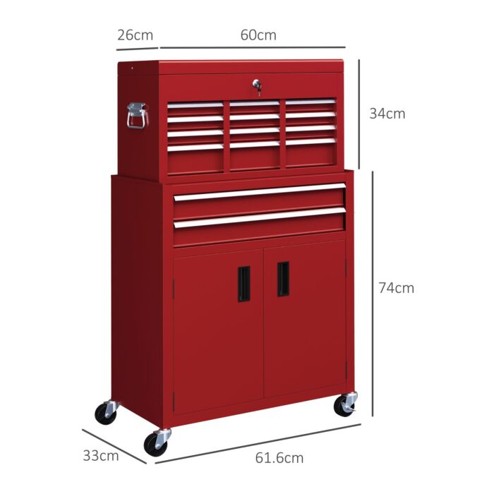Homcom Portable Tool Box, Metal Tool Chest On Wheels With 6 Drawers For Garage And Workshop, Red