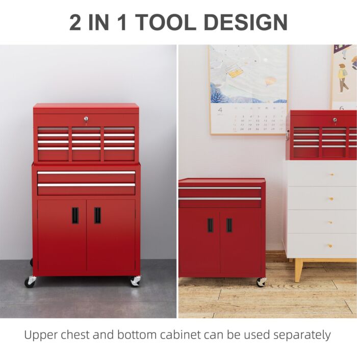 Homcom Portable Tool Box, Metal Tool Chest On Wheels With 6 Drawers For Garage And Workshop, Red