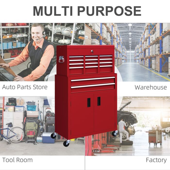 Homcom Portable Tool Box, Metal Tool Chest On Wheels With 6 Drawers For Garage And Workshop, Red