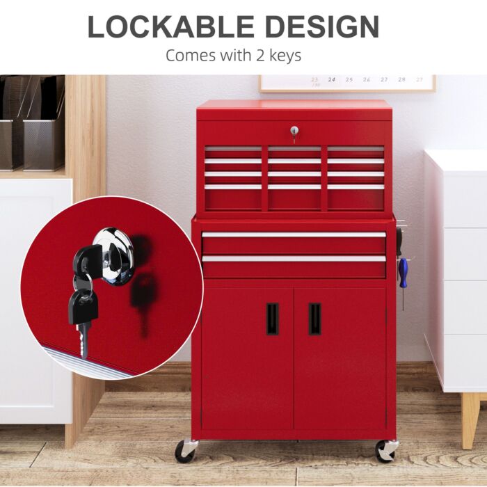 Homcom Portable Tool Box, Metal Tool Chest On Wheels With 6 Drawers For Garage And Workshop, Red