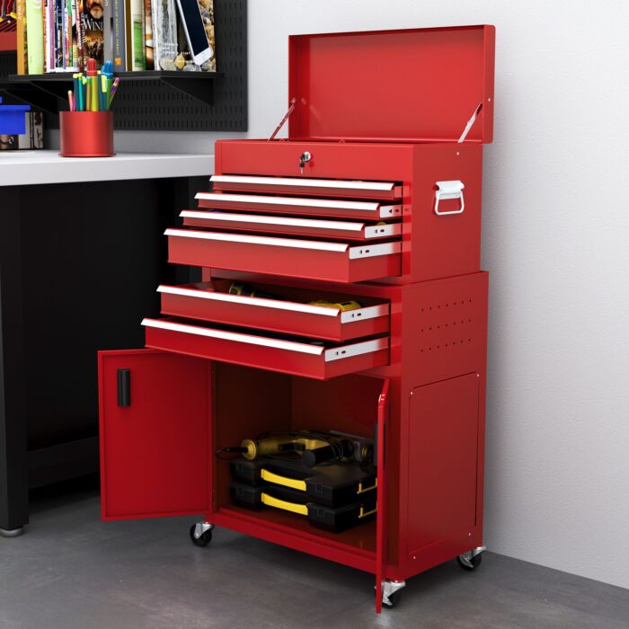 Homcom Portable Tool Box, Metal Tool Chest On Wheels With 6 Drawers For Garage And Workshop, Red