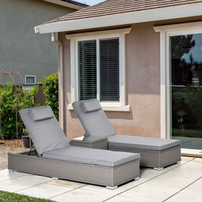 Outsunny 3 Piece Rattan Sun Lounger Set, Garden Furniture With Side Table, 5-position Adjustable Recline Chair, Grey