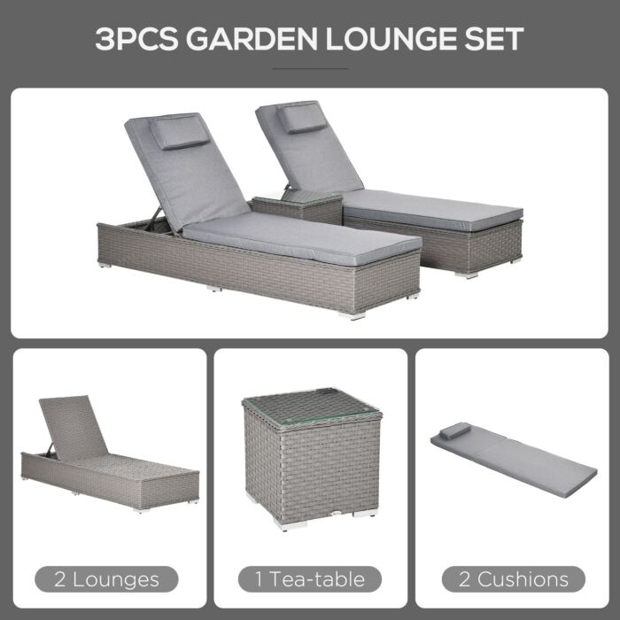 Outsunny 3 Piece Rattan Sun Lounger Set, Garden Furniture With Side Table, 5-position Adjustable Recline Chair, Grey