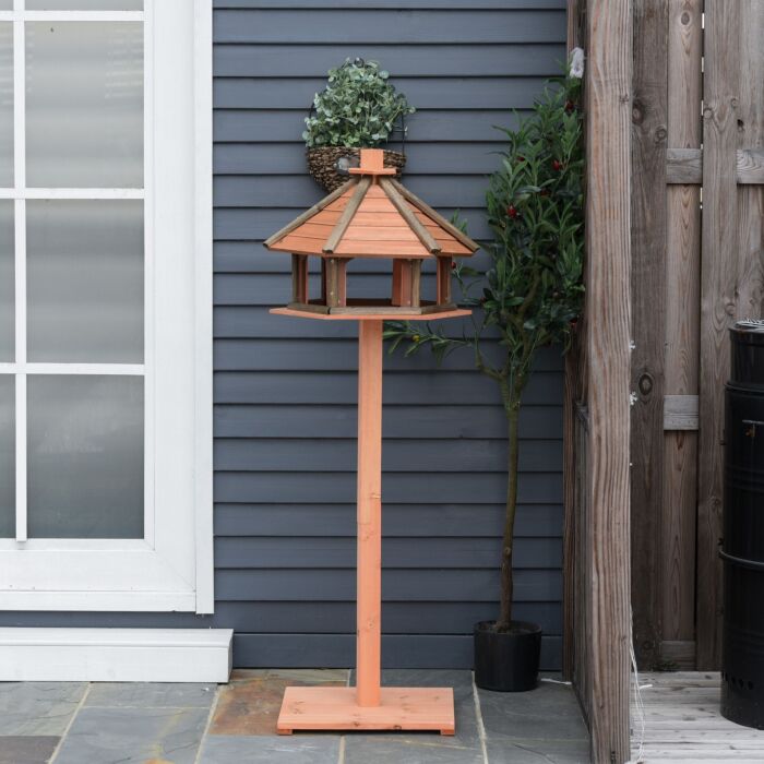 Pawhut Wooden Bird Feeder Bird Table Bird House Playstand With Water-resistant Roof 130cm For Outside Use Brown