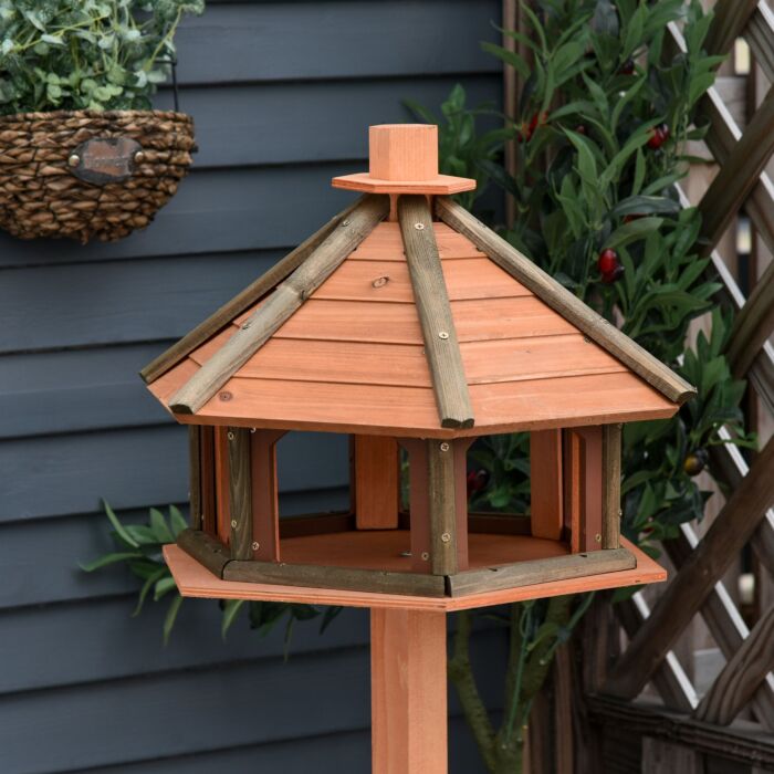Pawhut Wooden Bird Feeder Bird Table Bird House Playstand With Water-resistant Roof 130cm For Outside Use Brown