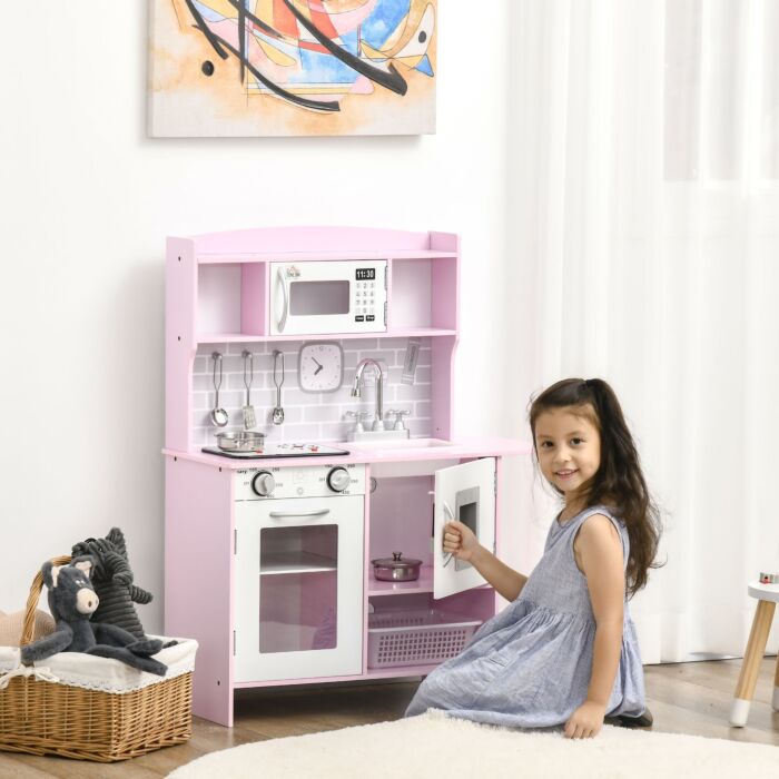 Homcom Wooden Play Kitchen With Lights Sounds, Kids Kitchen Playset With Water Dispenser, Microwave, Utensils, Sink, Gift For 3-6 Years Old, Pink