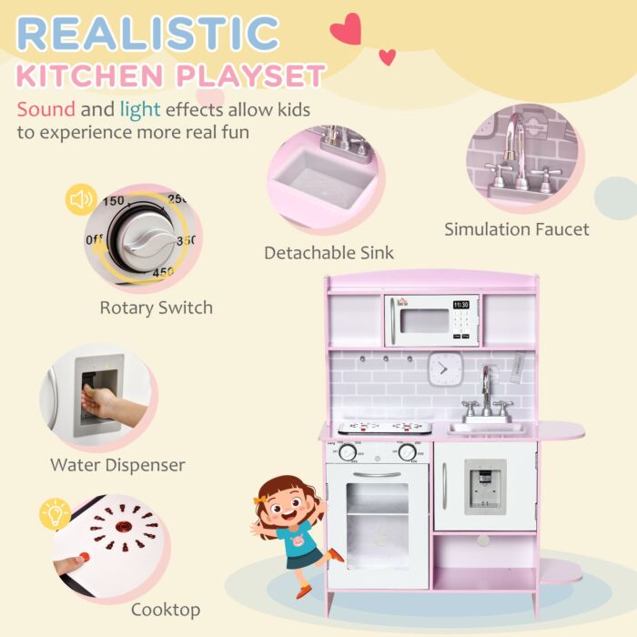 Homcom Wooden Play Kitchen With Lights Sounds, Kids Kitchen Playset With Water Dispenser, Microwave, Utensils, Sink, Gift For 3-6 Years Old, Pink
