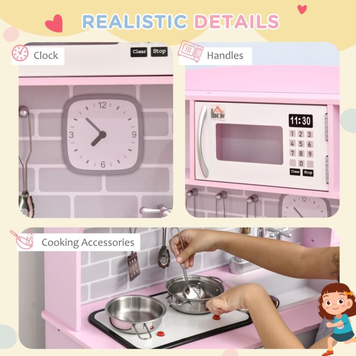 Homcom Wooden Play Kitchen With Lights Sounds, Kids Kitchen Playset With Water Dispenser, Microwave, Utensils, Sink, Gift For 3-6 Years Old, Pink