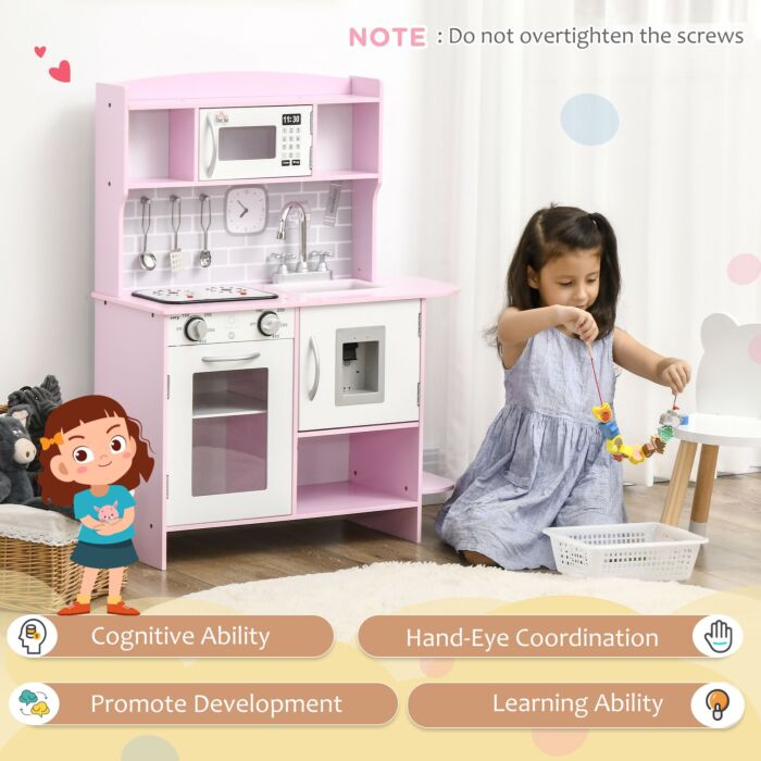 Homcom Wooden Play Kitchen With Lights Sounds, Kids Kitchen Playset With Water Dispenser, Microwave, Utensils, Sink, Gift For 3-6 Years Old, Pink