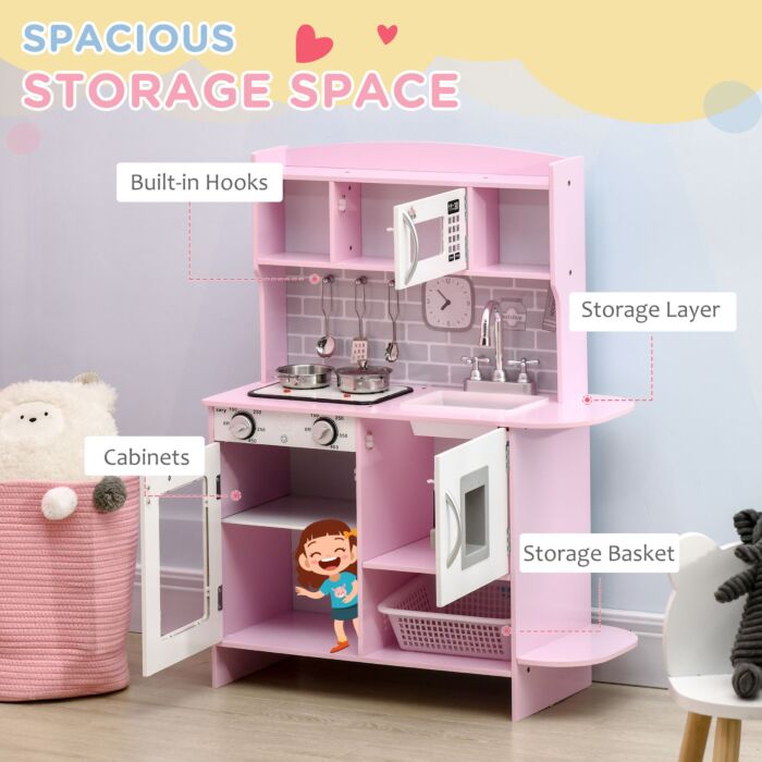 Homcom Wooden Play Kitchen With Lights Sounds, Kids Kitchen Playset With Water Dispenser, Microwave, Utensils, Sink, Gift For 3-6 Years Old, Pink
