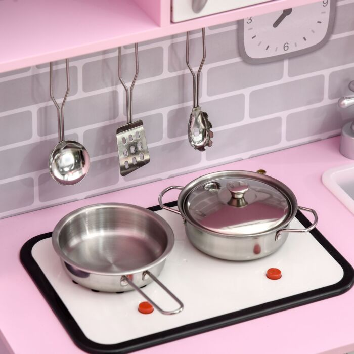 Homcom Wooden Play Kitchen With Lights Sounds, Kids Kitchen Playset With Water Dispenser, Microwave, Utensils, Sink, Gift For 3-6 Years Old, Pink