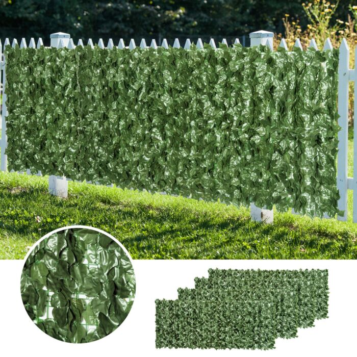 Outsunny 4-piece Artificial Leaf Hedge Screen Privacy Fence Panel For Garden Outdoor Indoor Decor, Dark Green, 2.4m X 1m
