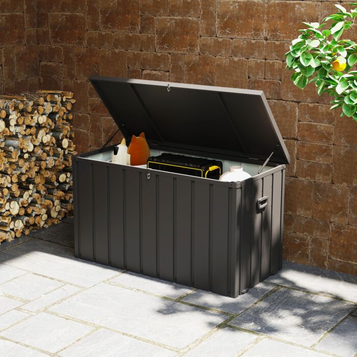 Outsunny 450l Galvanised Steel Garden Storage Box, With Wheels - Dark Grey