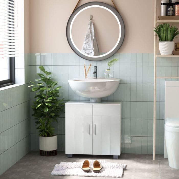 Kleankin Pedestal Under Sink Cabinet, Modern Bathroom Vanity Unit, Storage Cupboard With Double Doors, Adjustable Shelf, White