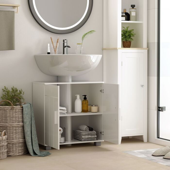 Kleankin Pedestal Under Sink Cabinet, Modern Bathroom Vanity Unit, Storage Cupboard With Double Doors, Adjustable Shelf, White