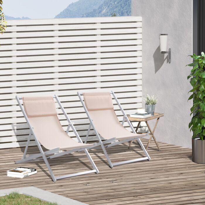 Outsunny Set Of 2 Folding Garden Beach Deck Chairs Deckchairs Seaside Folding Garden Patio Lounger, White