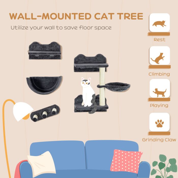 Pawhut 4pcs Wall-mounted Cat Shelves W/ Scratching Post, Hammock, Nest - Dark Grey