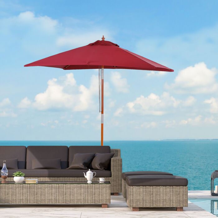 Outsunny 2 X 1.5m Patio Garden Parasol Sun Umbrella Sunshade Canopy Outdoor Backyard Furniture Fir Wooden Pole 6 Ribs Tilt Mechanism - Wine Red