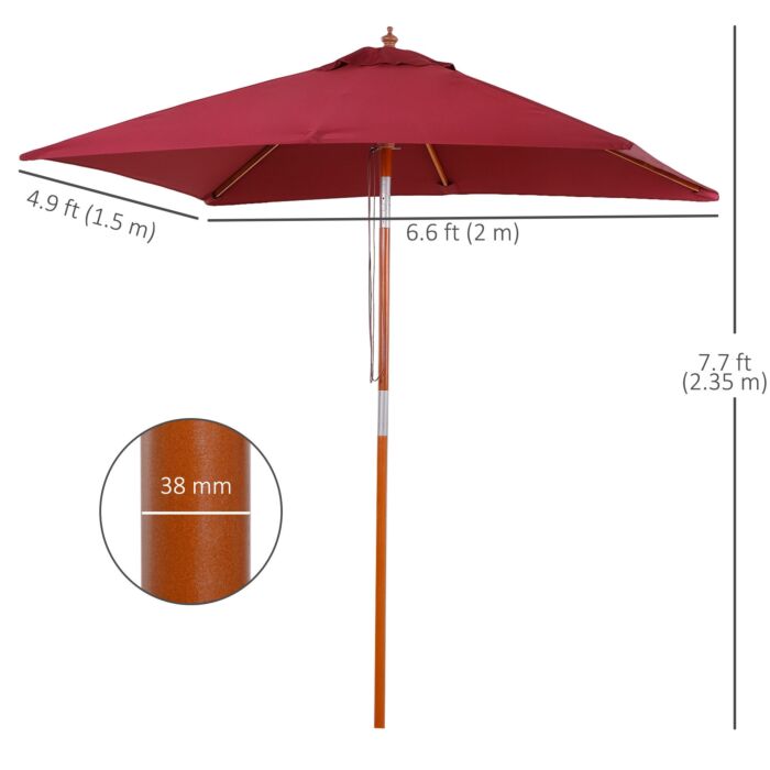 Outsunny 2 X 1.5m Patio Garden Parasol Sun Umbrella Sunshade Canopy Outdoor Backyard Furniture Fir Wooden Pole 6 Ribs Tilt Mechanism - Wine Red
