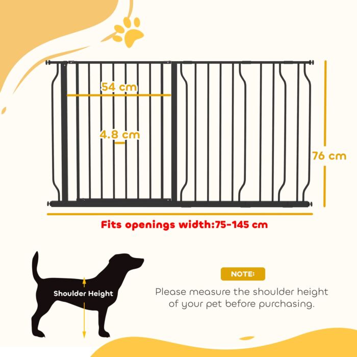 Pawhut 75-145cm Dog Gate Extra Wide Stairway Gate For Pet,pressure Fit Stair Gate For Doorways, Hallways, Staircases, Black