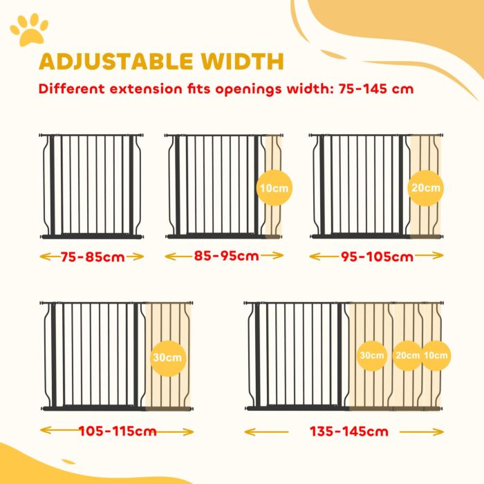 Pawhut 75-145cm Dog Gate Extra Wide Stairway Gate For Pet,pressure Fit Stair Gate For Doorways, Hallways, Staircases, Black
